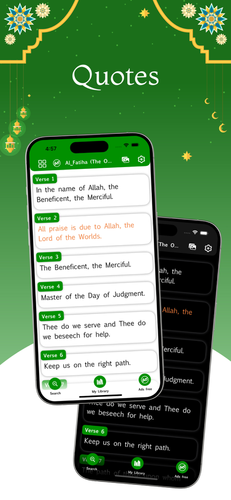 Al Quran - Read Qur'an Offline - Al Quran mobile app interface showing Surah Al Fatiha verses in English with light and dark mode options