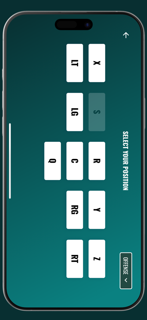 FootballU - FootballU app interface showing a selection screen for offensive football player positions