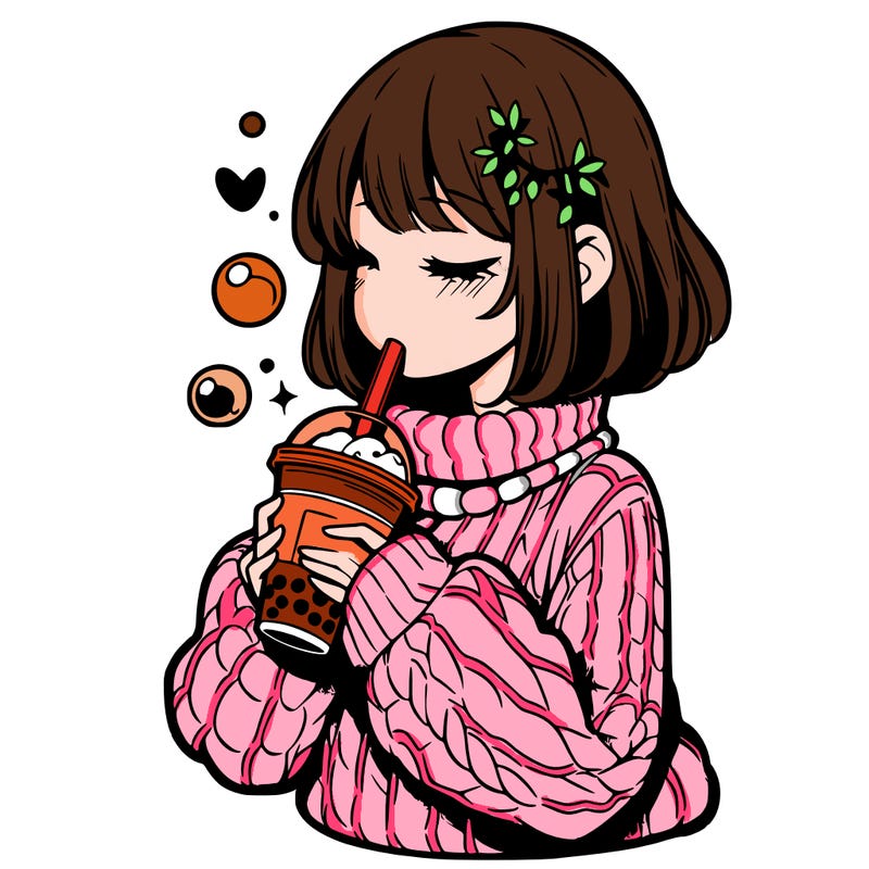 manga girl drinking boba in cozy sweater