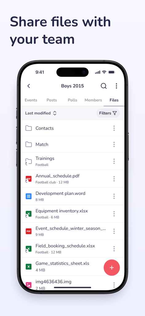 Interface of the Hoopit app showing a list of shared files for a sports team including schedules and inventory documents