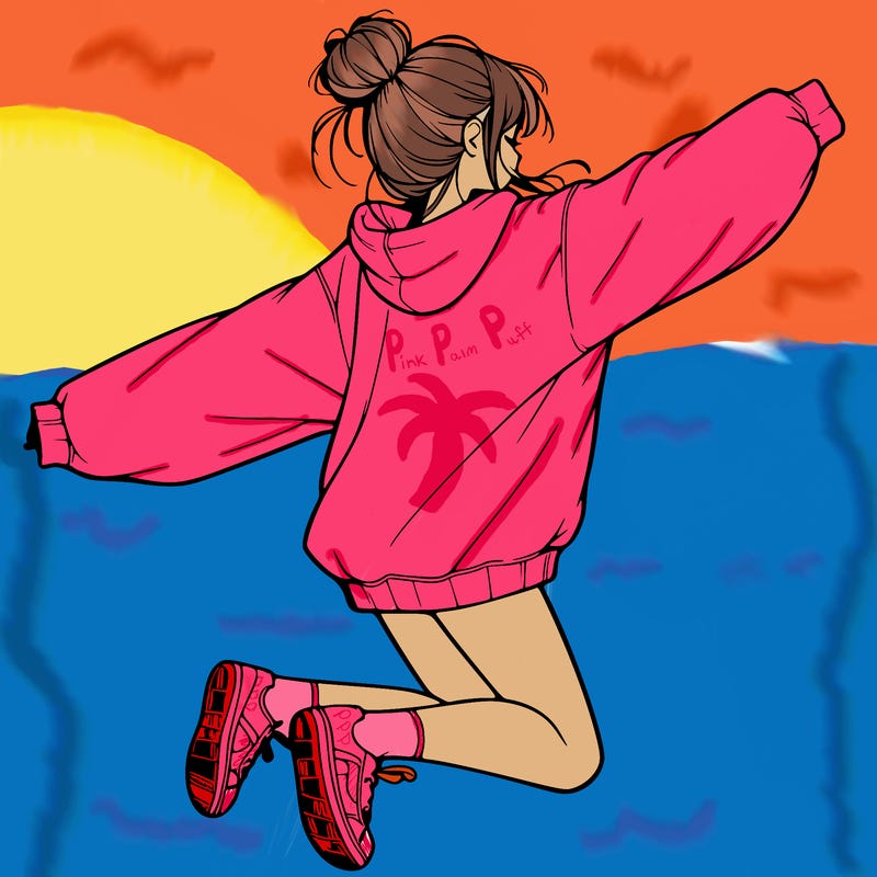 realistic girl jumping with a bun and oversized sweatshirt