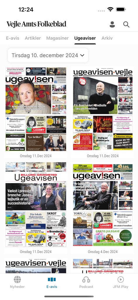 Capture d'écran de l'application Vejle Amts Folkeblad montrant diverses couvertures de journaux hebdomadaires dans l'onglet Ugeaviser.
