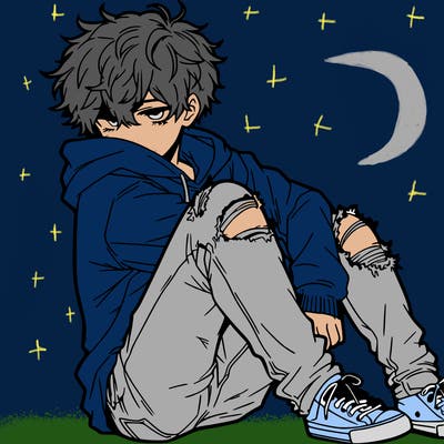 a male hoddie ripped jeans messy hair anime