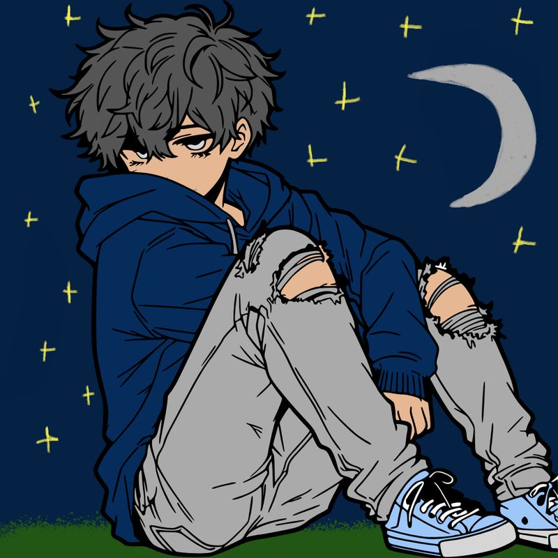 a male hoddie ripped jeans messy hair anime