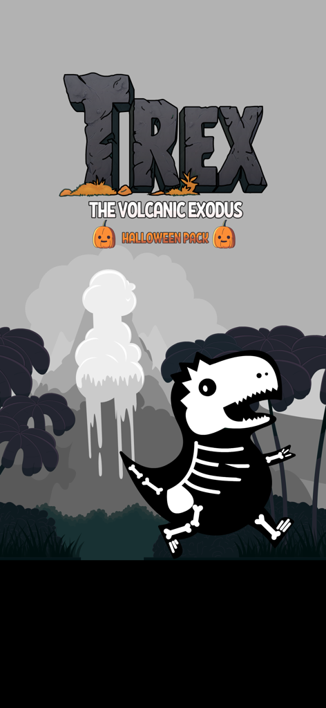 Dino T-Rex Endless Runner Game - 恐竜T-レックス・エンドレスランナーゲーム ハロウィンパックのタイトル画面に表示されるスケルトンT-レックスのアバター。