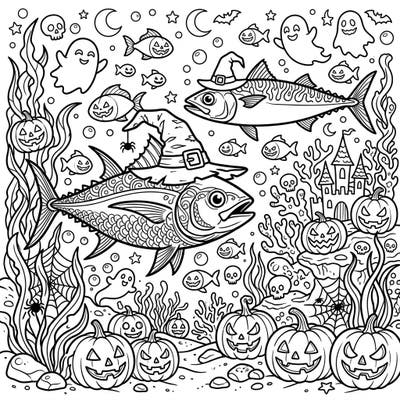 Prepare for an extraordinary Halloween with this unique coloring page featuring Tuna and Mackerel in a spooky underwater setting. Adorned with witch hats and surrounded by grinning pumpkins and playful ghosts, this scene promises a fin-tastic coloring experience for all ages.