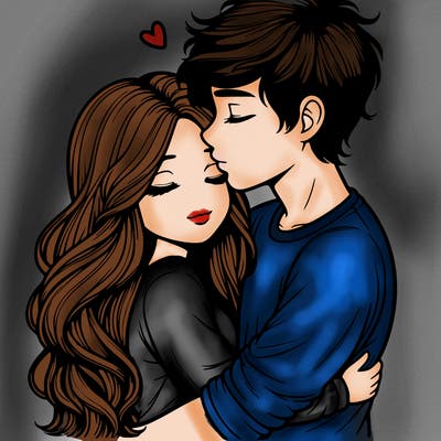 a realistic couple boy and girl hugging and kissing