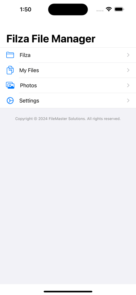 Filza File Manager. - Main menu of the Filza File Manager app showing My Files and Photos options