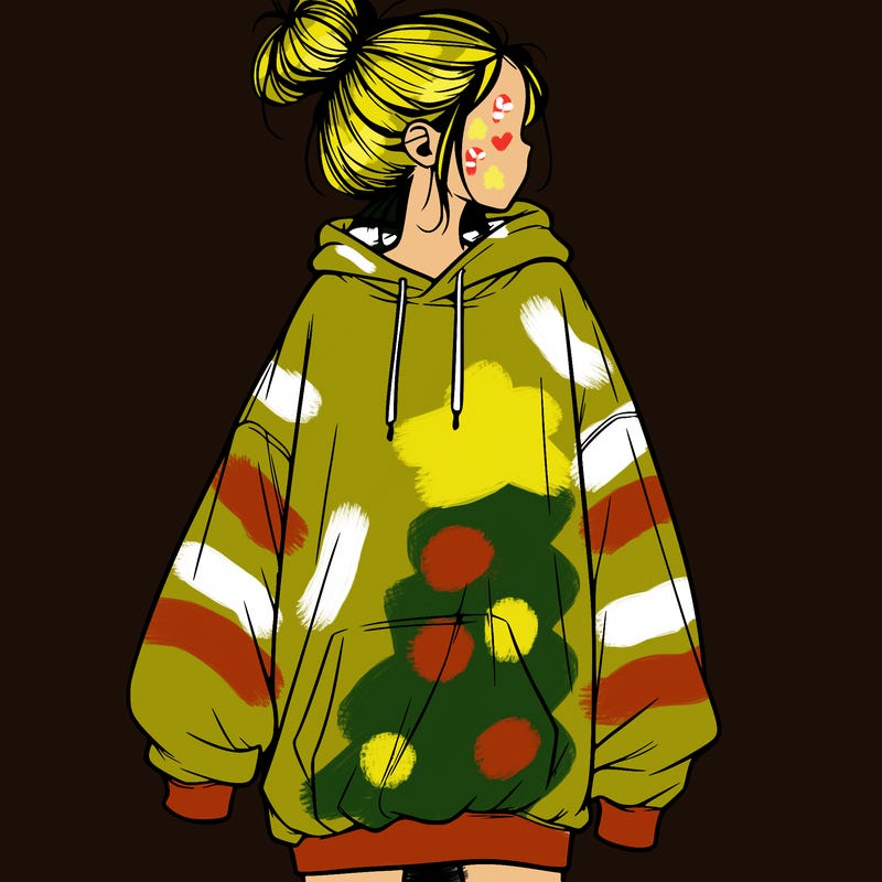 realistic girl with a oversized sweatshirt on and a bun