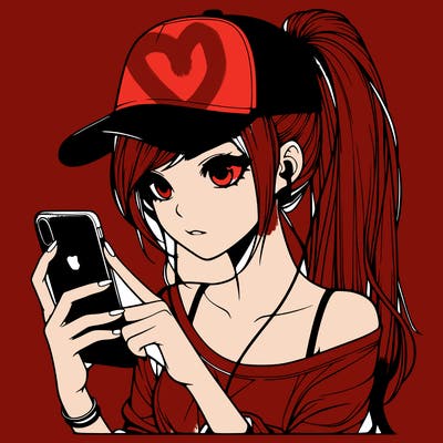 realistic girl with a long ponytail and trucker hat holding an iphone
