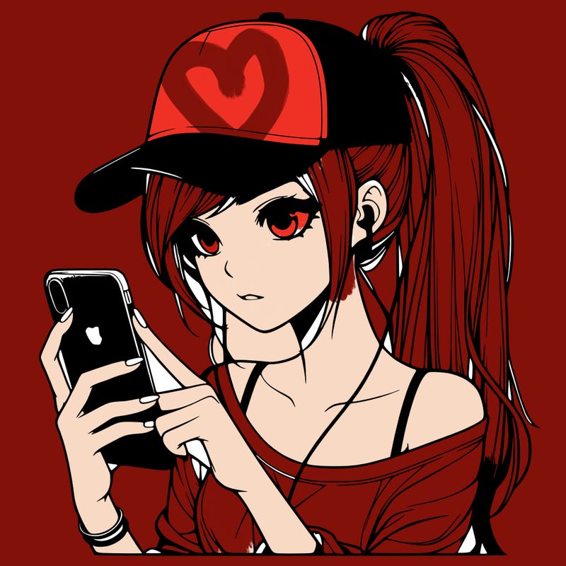 realistic girl with a long ponytail and trucker hat holding an iphone
