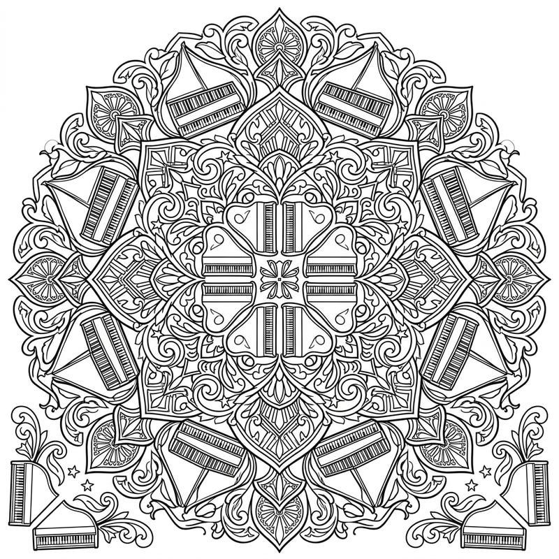 Dive into the harmonious world of early music with this unique clavichord mandala coloring page. Discover an intricate design featuring the delicate beauty of clavichords woven into a mesmerizing symmetrical pattern.