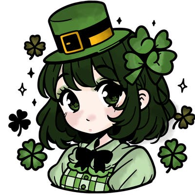 a manga-style girl with clovers around her, a little hat in her hair, like it's saint patrick's day