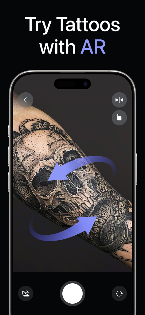 拡張現実を使用して腕に投影された詳細なドクロのタトゥーデザインを示すスマートフォン