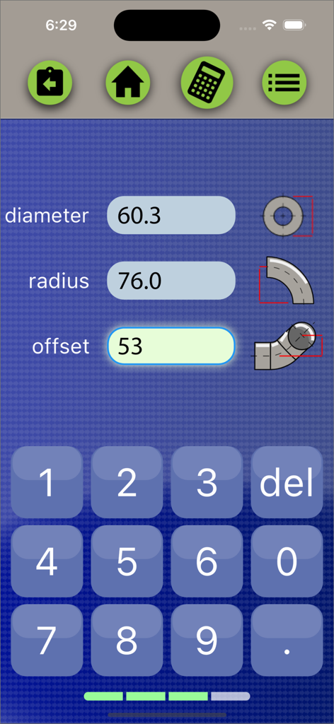Pipefitter app screen for entering pipe diameter radius and offset values with a numeric keypad