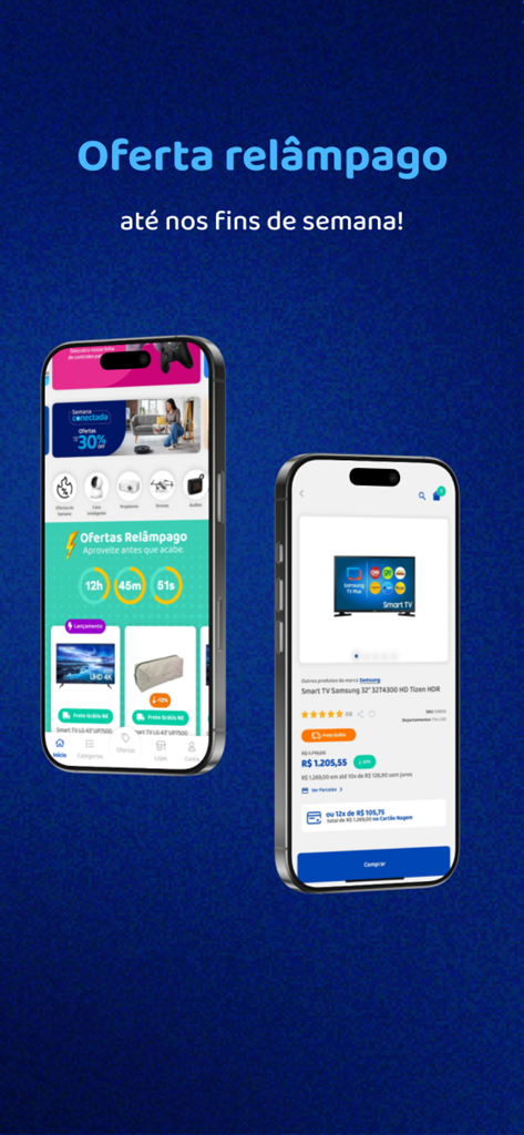 Nagem App - Two smartphones showing lightning deals and a Samsung TV product page in the Nagem shopping app