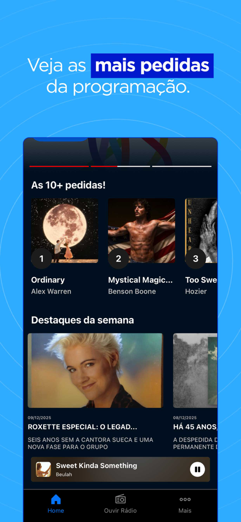 Home screen of the Radio Antena 1 app showing the top requested songs and weekly music highlights.