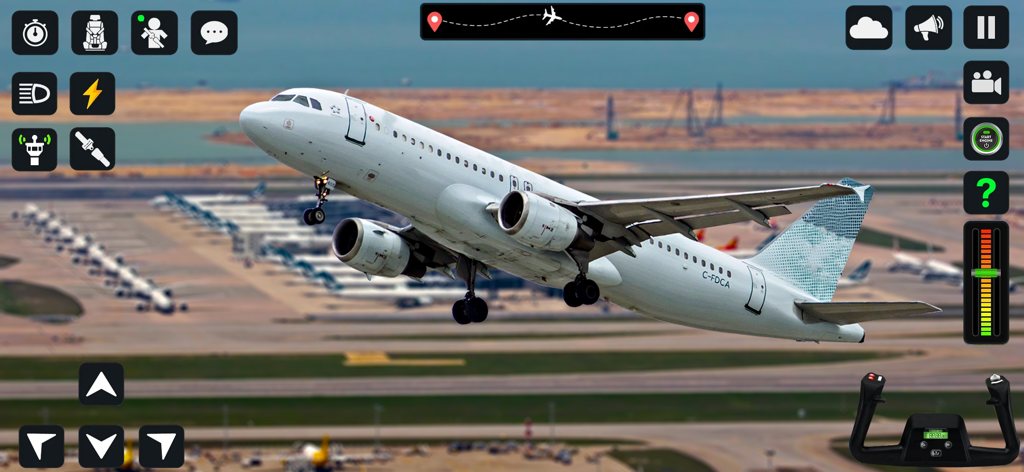 A white commercial passenger plane taking off from a busy city airport in a 3D flight simulator game interface.