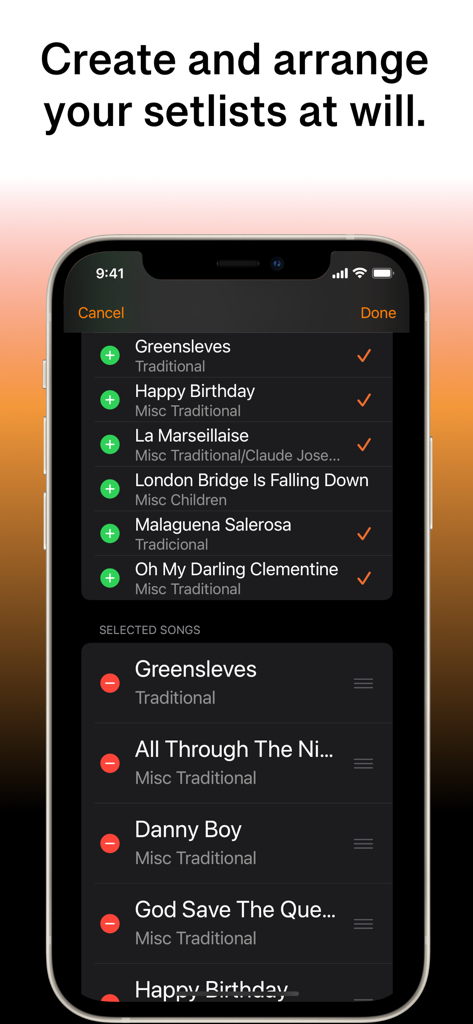 Interfaz de la aplicación SongFolio para crear y organizar setlists de música
