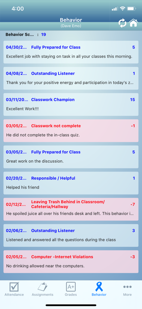 COOLSIS Family Access - Mobile view of the COOLSIS Family Access behavior log showing student incident reports and points.