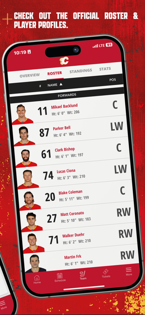 Calgary Flames App - Calgary Flames app roster screen showing official player profiles and stats