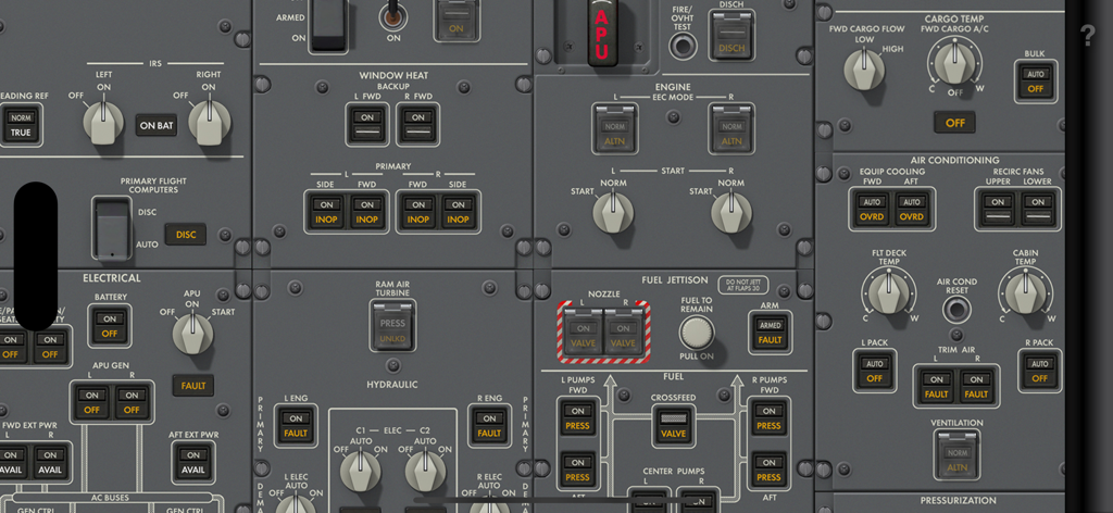 Acron B787 Cockpit Fam. - Detailed view of the Boeing 787 overhead cockpit panel showing electrical fuel and hydraulic systems