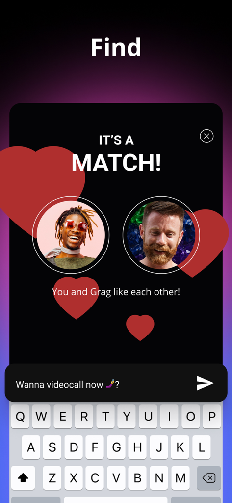 A match screen on a gay dating app showing two profiles and a video call invitation