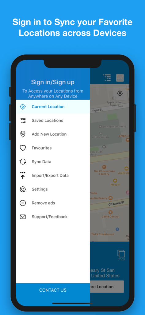 Save Location GPS - Save Location GPS app interface showing the side navigation menu with options for saved locations favorites and data syncing