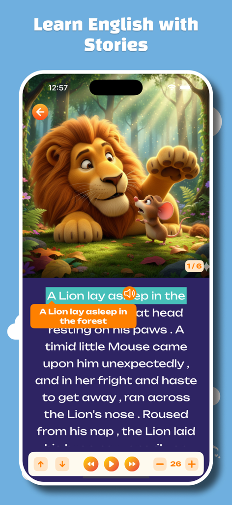 King English Kids - King English Kids app interface showing an interactive story about a lion and a mouse for children to learn English