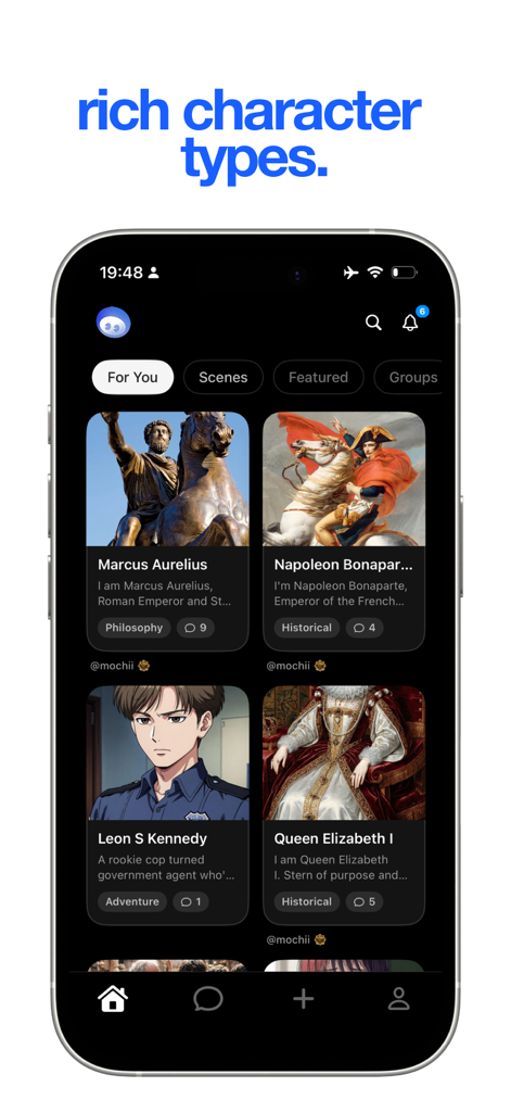 mochii - Emochi alternative - Mochii app interface showing various AI character cards for roleplay including historical and fictional figures