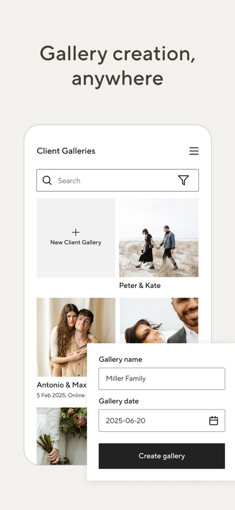 Pic-Time - Interface do aplicativo móvel Pic-Time mostrando a criação de uma nova galeria de fotografia para um cliente