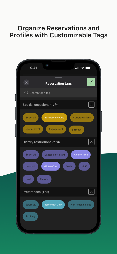 Servme - Servme App-Bildschirm zur Verwaltung von Reservierungs-Tags wie diätetischen Einschränkungen und besonderen Anlässen