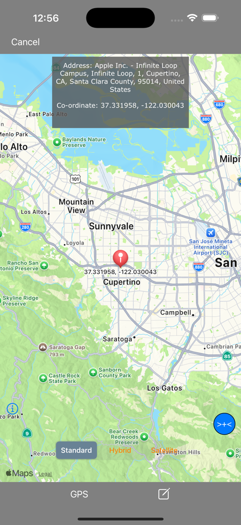 Coordinate Convertor Pro HD - Interface cartographique affichant les coordonnées GPS et les informations d'adresse pour un emplacement sélectionné