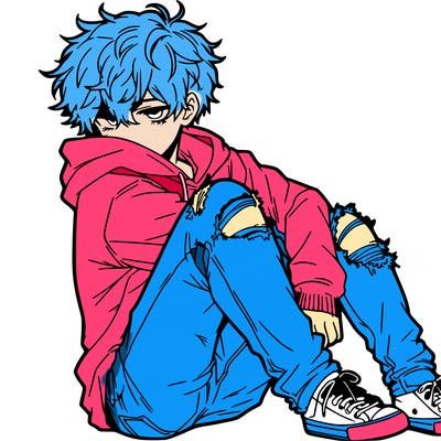 a male hoddie ripped jeans messy hair anime