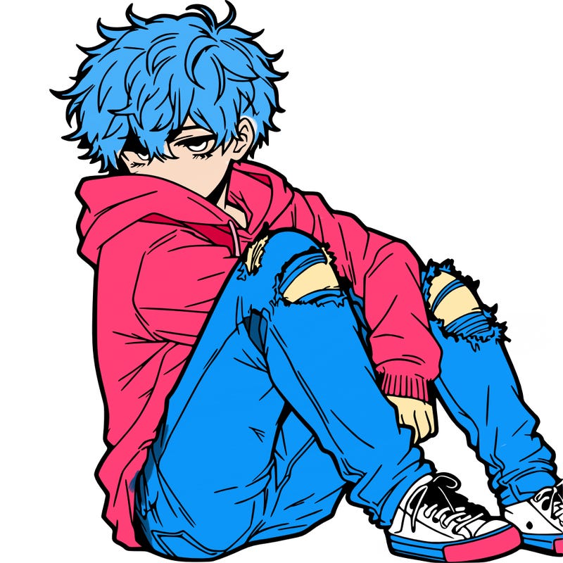 a male hoddie ripped jeans messy hair anime