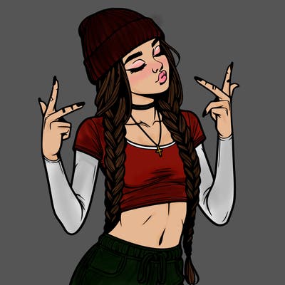 realistic teenage girl with braids and a beanie and crop top doing 🫶🏼