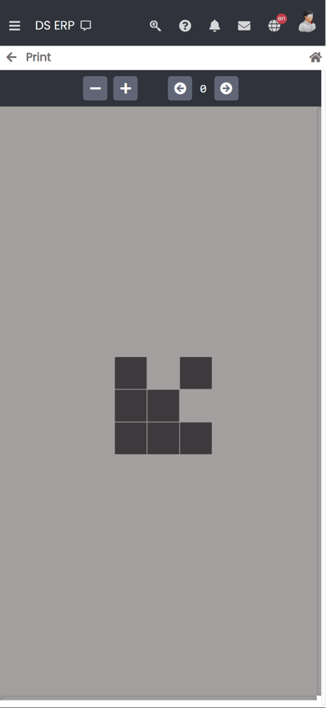 A print preview screen within the DS ERP System app showing document controls