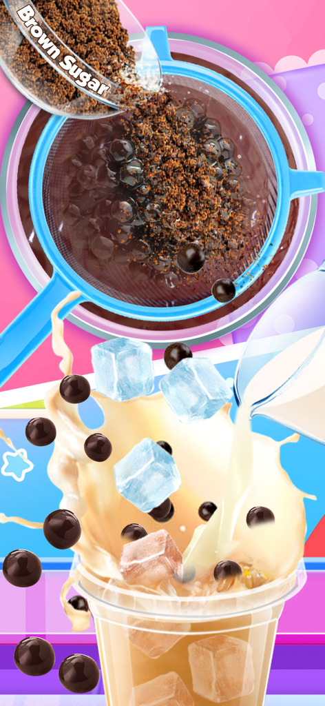 Proceso de elaboración de bubble tea con leche, hielo y perlas en un juego de simulación digital.