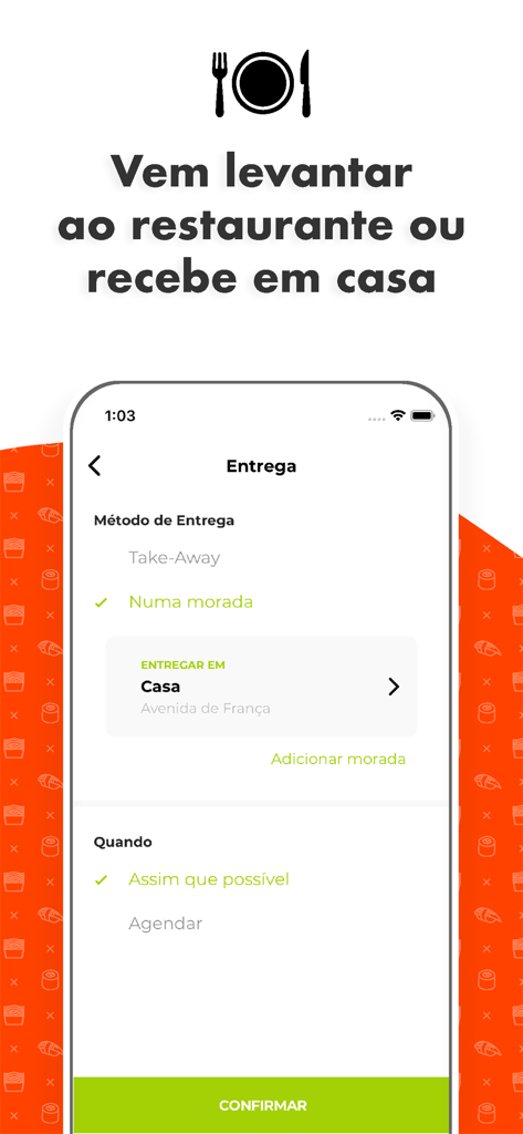 Mikado Sushi - 매장 픽업 또는 자택 배달 옵션 및 주문 예약을 보여주는 미카도 스시 앱 인터페이스