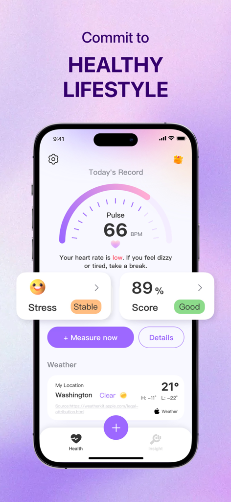Blood Pressure: Healthy Life - Pantalla de smartphone que muestra la medición de la frecuencia cardíaca, el nivel de estrés y el clima local dentro de la aplicación Presión Arterial Vida Saludable