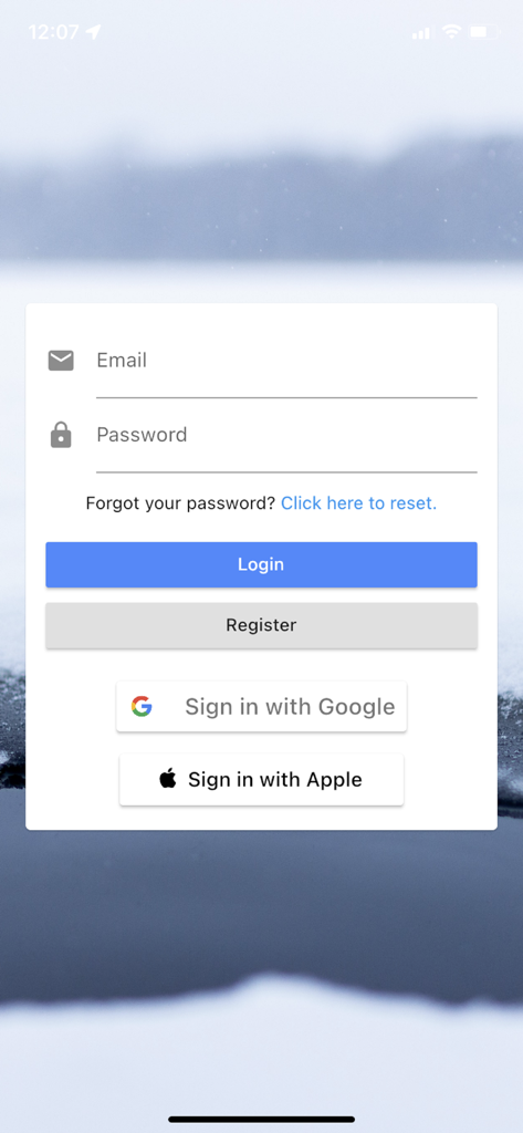 Login and registration interface for the Ice Report app featuring email fields and social sign-in options.