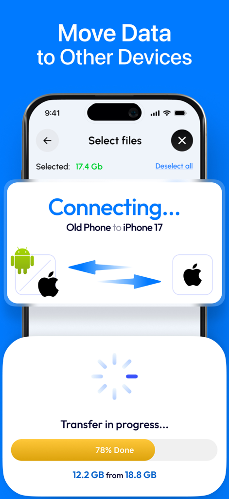 A mobile app screen showing the progress of a wireless data transfer from an old phone to a new iPhone