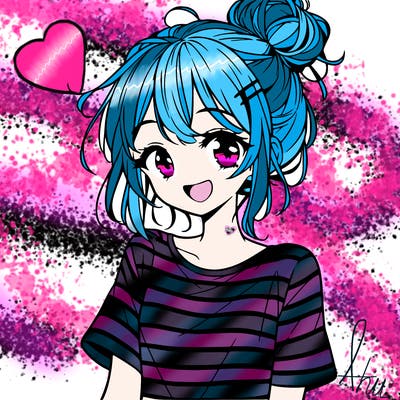 anime girl teenager striped shirt and smile and messy bun