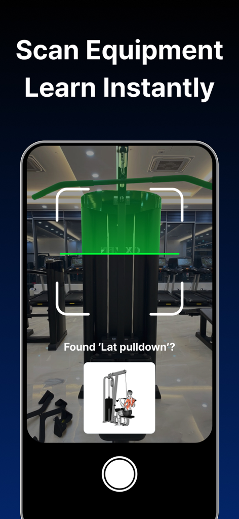 Smartphone scanning a lat pulldown machine using the Gymwork app for instant instructions