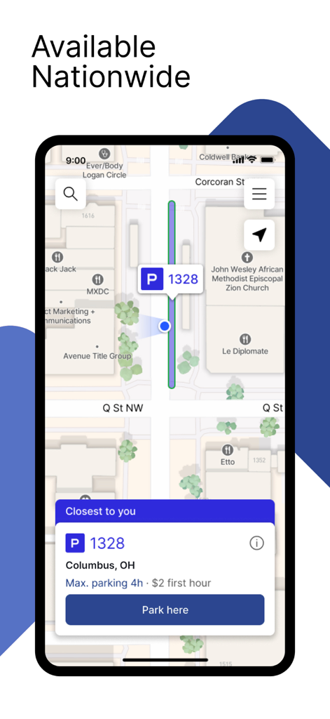 ParkColumbus - ParkColumbus app map interface showing a selected parking zone in Columbus Ohio with a park here button
