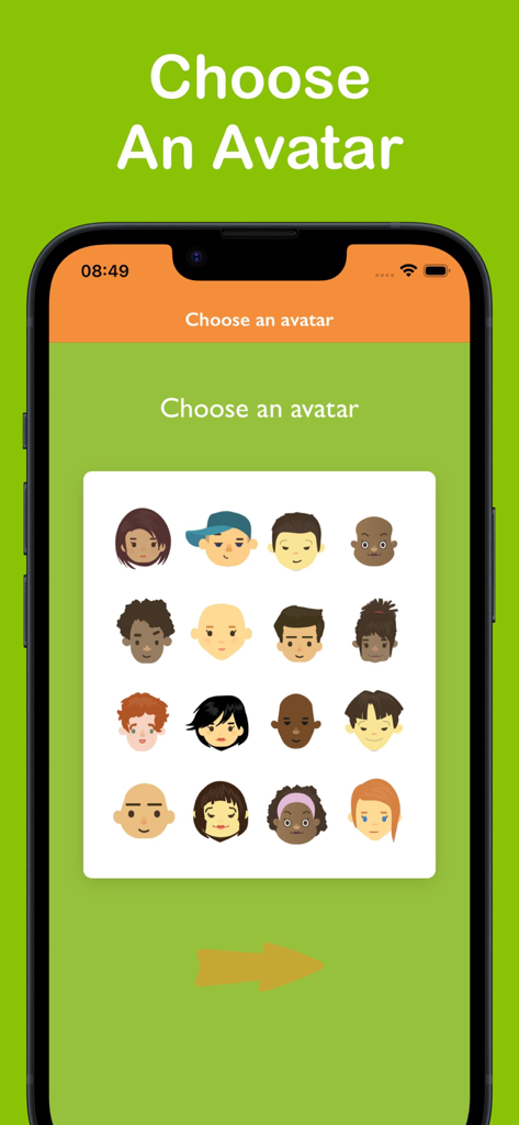 Patienten-Avatar-Auswahlbildschirm in der Pain Assessment Tool-App mit verschiedenen illustrierten Gesichtern