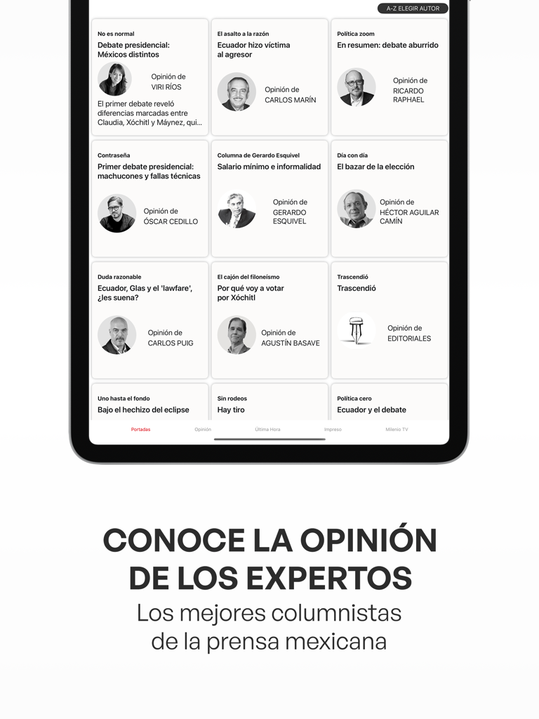 Milenio Impreso - Pantalla de la aplicación Milenio Impreso en un iPad mostrando una cuadrícula de columnas de opinión de periodistas mexicanos expertos