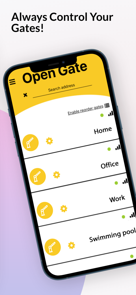 opengate. - User interface of the opengate app showing a list of manageable gates including home and office.