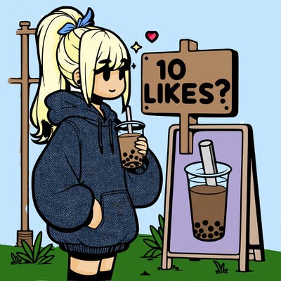 girl with oversized hoodie drinking boba and she has a high ponytail with a sign that says 10likes?