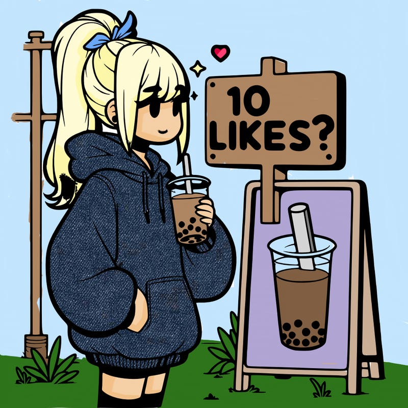 girl with oversized hoodie drinking boba and she has a high ponytail with a sign that says 10likes?
